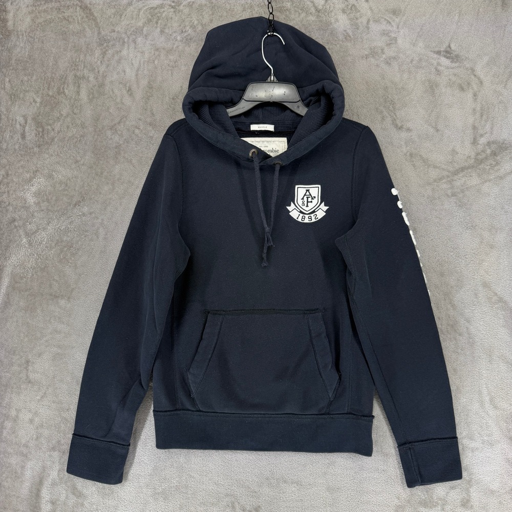 Abercrombie & Fitch Hoodie Mens M Muscle Fit Navy Blue Graphic EUC